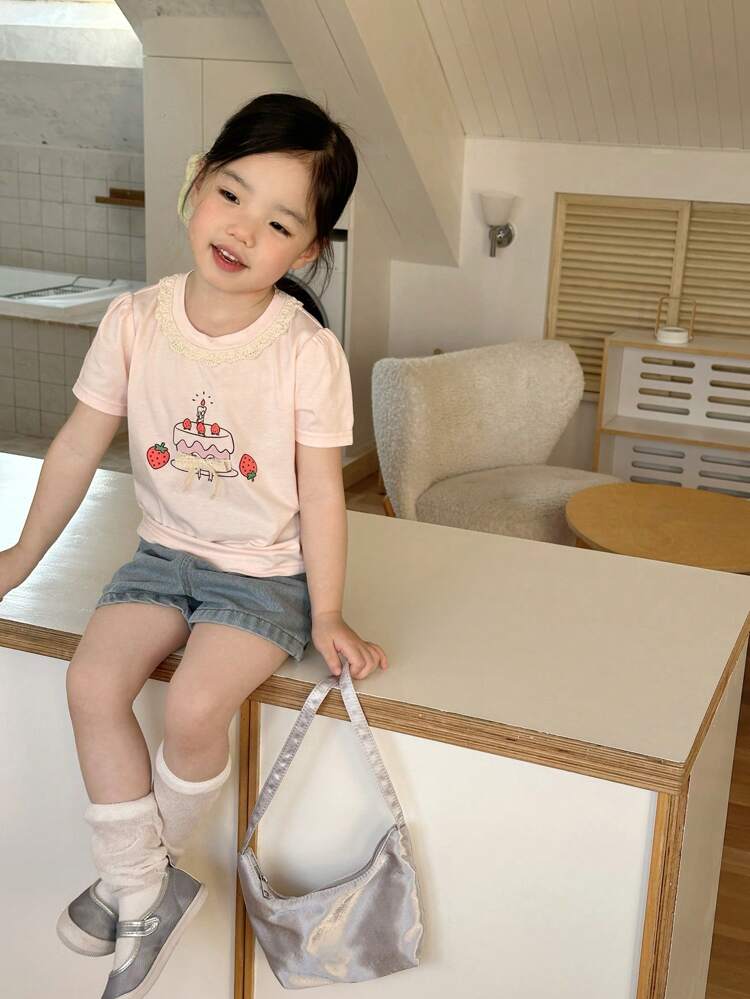 Toddler Girls' Cartoon Print Casual Round Neck Short Sleeve T-Shirt, Cute Korean Style, Summer
