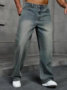 Manfinity Homme 大码男士休闲宽松口袋直筒牛仔裤 - 深色水洗藍 - 查看 5