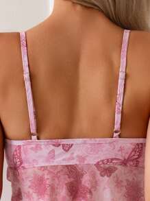 Swim Vcay 2pcs Women Beach Vacation Butterfly Print Ruffle Hem V-Neck Cami Bikini Set For Summer - Pink - View 4