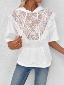 SHEIN LUNE Áo nỉ trùm đầu ren tương phản màu trắng của Nhật Bản có viền ren thời trang thu đông - trắng - Xem 4