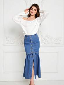 Sparklyn Teen Girl Personalized Street Fashion Style Front Button Elastic Waist Front Split Denim Skirt