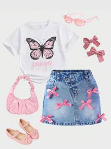 Denimly 小女孩都市休闲可爱蝴蝶结猫抓松紧腰牛仔半身裙 - 淺色水洗藍 - 查看 1