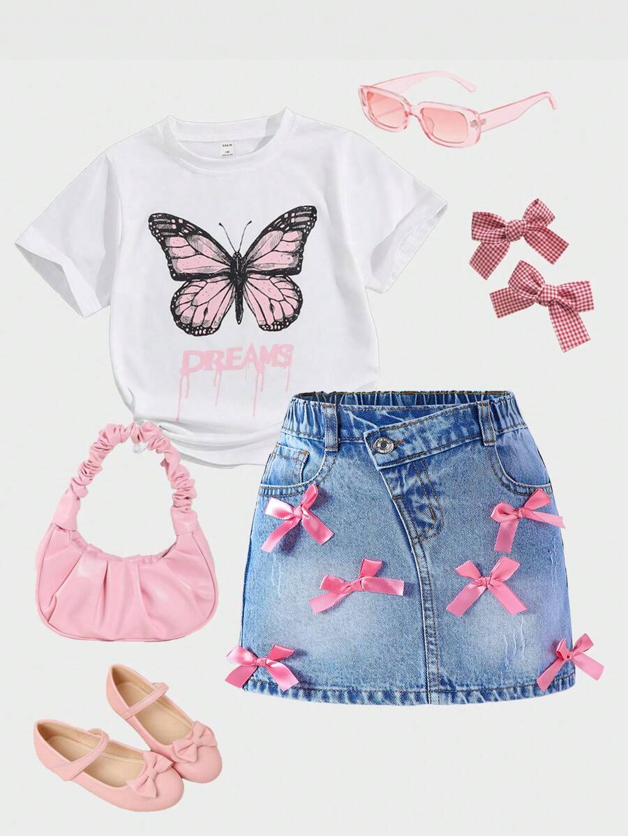 Denimly 小女孩都市休闲可爱蝴蝶结猫抓松紧腰牛仔半身裙 - 淺色水洗藍 - 查看 1