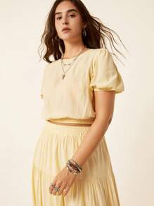 SHEIN LUNE Plus Size Solid Color Round Neck Puff Sleeve Shirt + Cream Yellow A-Line Midi Skirt, Casual Holiday Style Slouchy Casual Style Casual Wear Holiday Style Cream Yellow Two-Piece Suitow Two-Piece Suit Fall Women Clothes School Clothes Country Outfits Women Teacher Outfits For Women Country Outfits Women