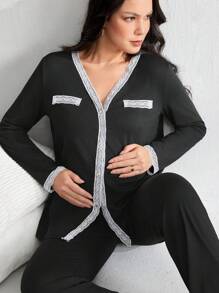 BloomMama Maternity Contrast Lace Trim Button Front Pajama Sleep Tee & Adjustable Waist Sleep Pants - Black - View 3