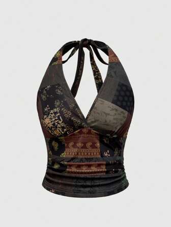 Hippie Sexy Hippie Vacation Retro Print Halter Tie Bow Sleeveless Top For Women
