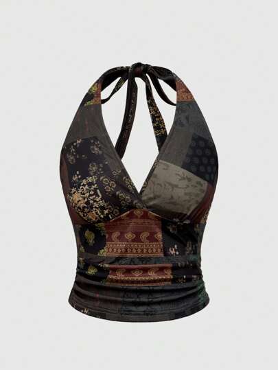 Sexy Hippie Vacation Retro Print Halter Tie Bow Sleeveless Top For Women