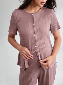 Maternity Solid Color Ruffle Trim Cardigan Short Sleeve Pants Home Outfit Set - Dusty Pink - View 4