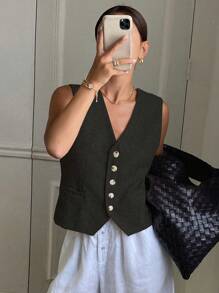 DAZY Women's Solid Color Fitted V-Neck Sleeveless Blazer Linen,Fall Clothes Business Attire - Dark Grey - View 4