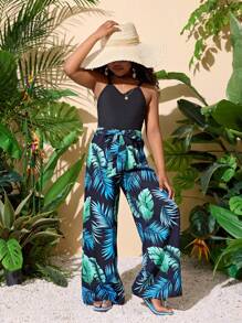 SHEIN 2pcs/Set Tween Girls' Holiday Cami Top And Flared Pants Set, Suitable For Vacation - Blue - View 6