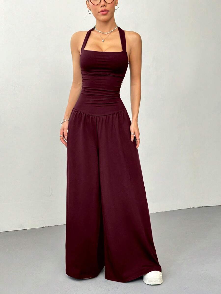 Flirla 女式黑色连体裤休闲度假百搭直筒挂脖连体裤，女式休闲连体裤 1 - 酒紅色 - 查看 1