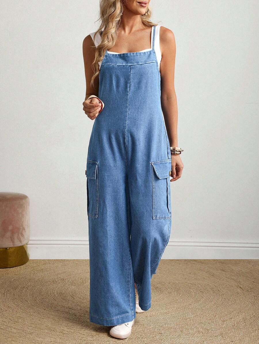 Breezaya 女士休闲水洗牛仔连体裤 - 藍色 - 查看 1