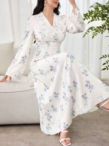 Al Najma 女士传统花卉领带长款束腰连衣裙，端庄 - 杏色 - 查看 4