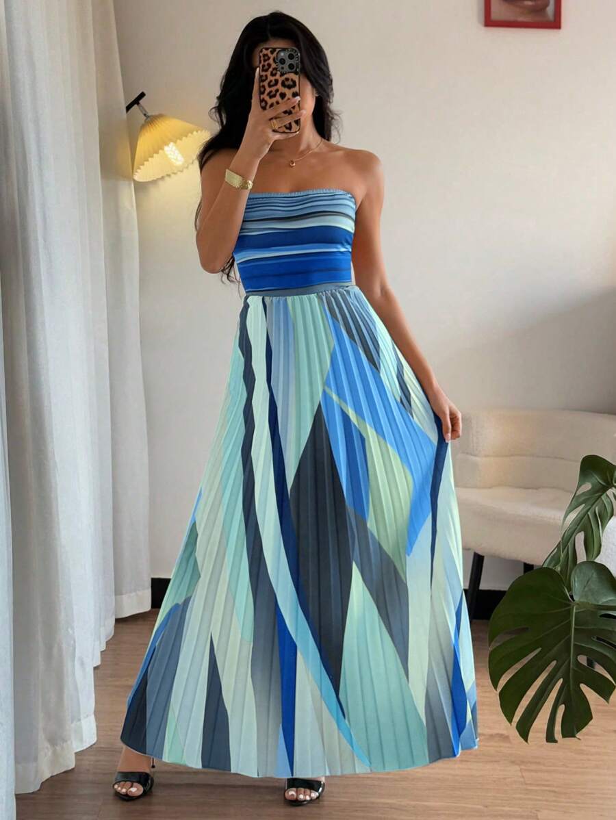 Selianne 女士优雅露肩紧身印花褶饰腰部连衣裙 - 彩色 - 查看 1