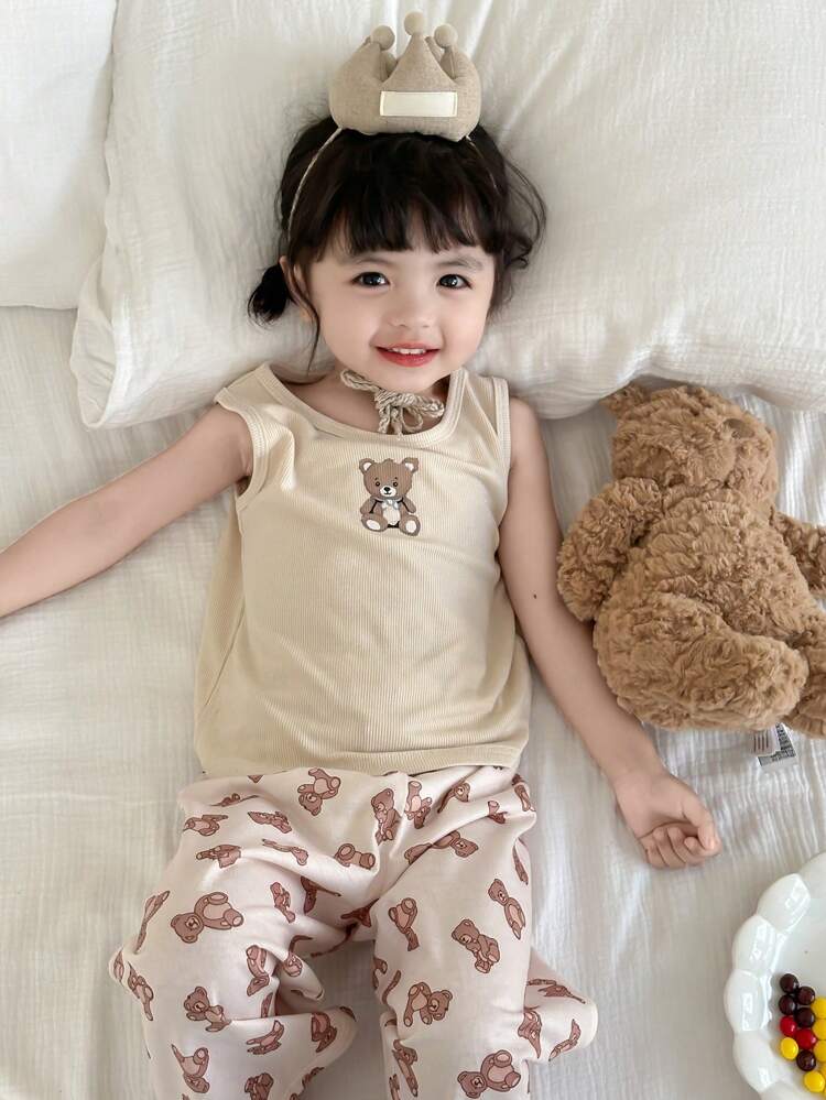 Baby Girls Casual Loose Round Neck Sleeveless T-Shirt With Cartoon Print Pants Homewear Set Toddler Girls Clothes