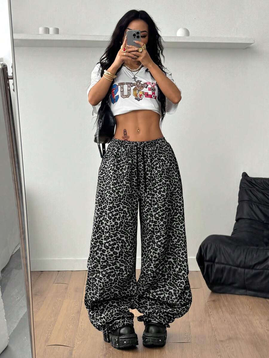 Coolane Pantalon ample vintage Y2K en velours côtelé gris léopard, pour femmes, pour concert d'été, tenue de sortie - Tabac - Voir 1