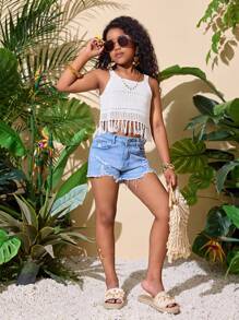 SHEIN Parte superior corta sin mangas de unicolor para niñas preadolescentes con espalda calada y bajo con flecos