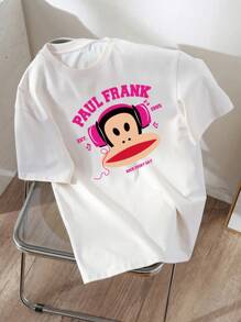 Paul Frank X SHEIN Camiseta de mujer de manga corta y cuello redondo con estampado de mono, casual de verano - Blanco - Ver 8
