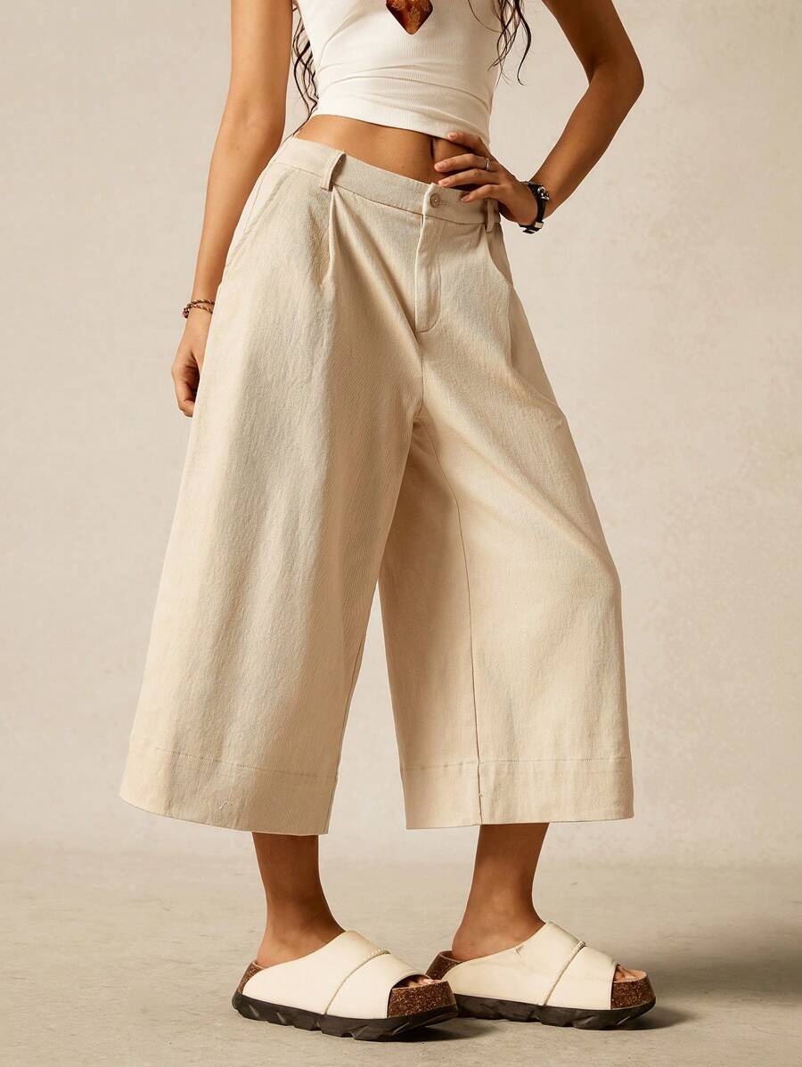 Easelle Summer Renaissance Cotton Fair Vintage Bohemia Women's Light Khaki Woven 3/4 Suit Wide Leg Pants Bermuda Capris For Women - Khaki - View 1