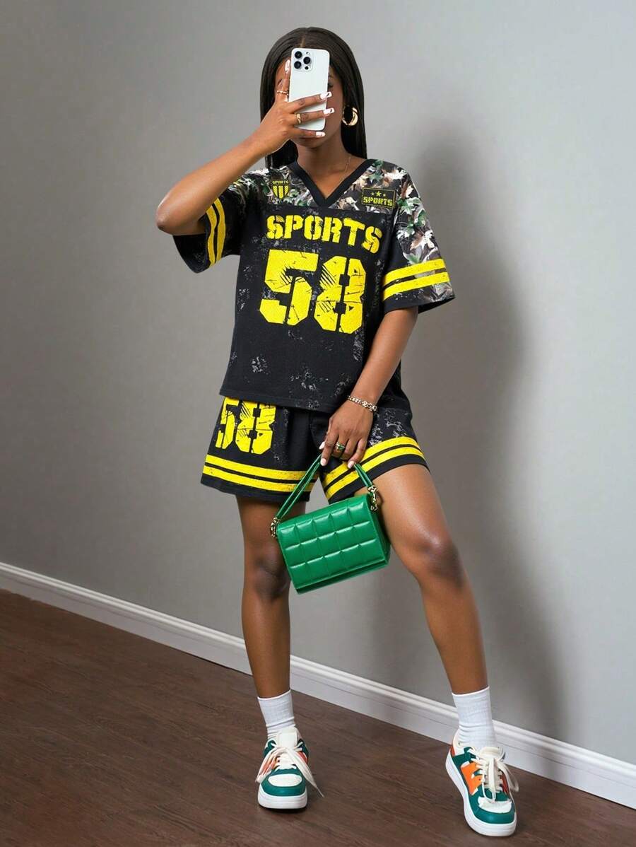 Slaydiva Bộ 2 món đồ thể thao Jersey thường ngày dành cho nữ, họa tiết xe đua thể thao tối giản có số 58 và họa tiết lá, Xuân/Hè 2025 - Nhiều màu - Xem 1