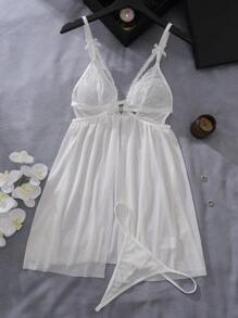 Romantic Lace Patchwork 2pcs Sexy Lingerie Dress Set Underwear Outer For Going Out - White - View 5