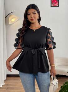 Calvaya Femmes grande taille Blouse romantique élégante à col V en maille transparente avec volants et nœud papillon. Vêtements d'été pour femmes. Hauts élégants pour femmes grande taille. Hauts décontractés chics pour femmes. Chemisiers pour femmes. - Noir - Voir 6