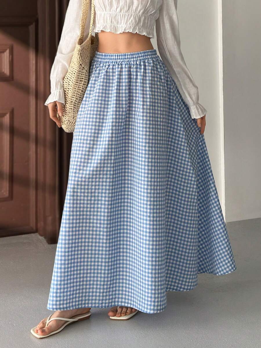 EURMUSE 女士多色高弹力细节半身裙 - 藍白色 - 查看 1