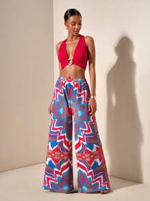Zivah Ring Linked Halter Top & Allover Print Pants Bikini Set ,Country Concert Outfit - Red - View 3