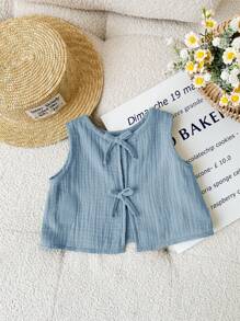 SHEIN LMoss Kids Baby Girls Cute Casual Versatile Blue Bowknot Racerback Tank Top, Summer - Blue - View 3