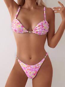Swim Mod Women Summer Beach Floral Print Sexy Bikini Set, Print Design Random - Multicolor - View 3