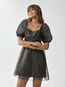 Wildy Vestido corto romántico de malla transparente con mangas abullonadas, estampado de leopardo, estilo casual, americano, occidental, para resort de verano