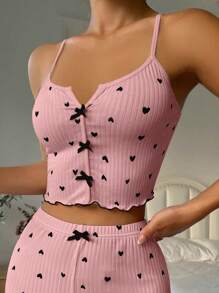Women Heart Print Bow Decor Pajama Top