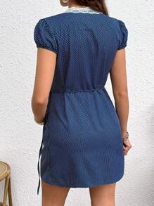 SHEIN 波点蕾丝拼接V领短袖孕妇哺乳连衣裙 - 藍色 - 查看 3