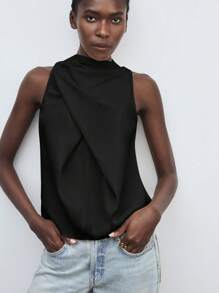 SHEIN Maija Women's Black Stand Collar Pleated Front Satin Elegant Casual Loose Bow Sleeveless Top, Suitable For Vacation, Office Wear, Asymmetric Retro Style, Autumn Women's Clothing, Ladies Apparel, Black Top - Black - View 3