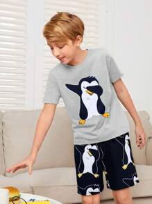 SHEIN 2pcs Tween Boys Cute Penguin Print T-Shirt And Shorts Set, Pajamas