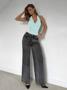 Roylia Women Metal Button Detail Knit Halter Bodysuit - Baby Blue - View 4