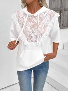SHEIN LUNE Áo nỉ trùm đầu ren tương phản màu trắng của Nhật Bản có viền ren thời trang thu đông - trắng - Xem 3