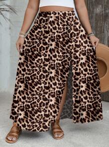 SHEIN VCAY Holiday Style All-Match Casual Plus Size Women's Leopard Pattern Elastic Waist Side Slit Hem Casual Skirt Summer Women's Skirt - Brown - View 6