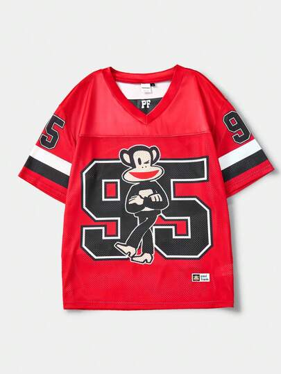 Paul Frank X SHEIN Men's Cartoon Monkey & Number Print V-Neck Short Sleeve T-Shirt, Suitable For Summer