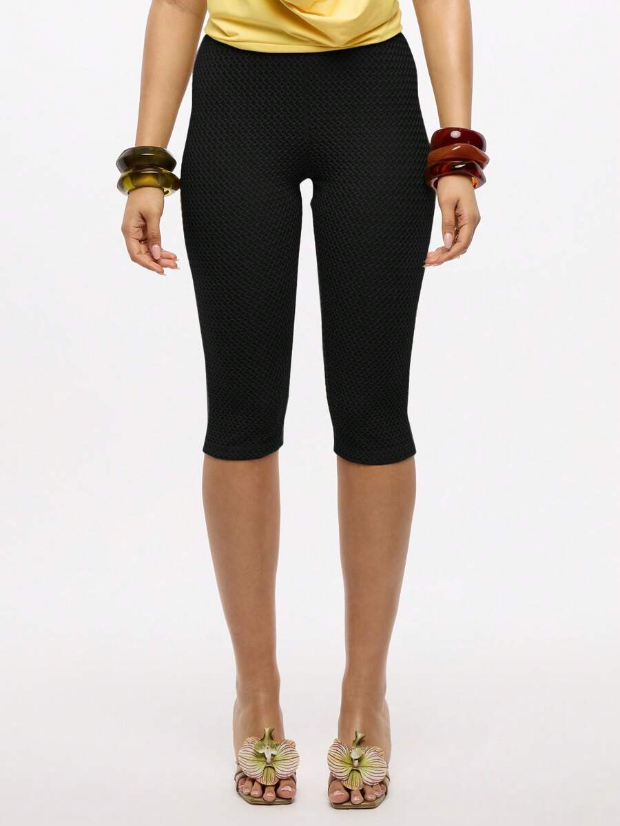 SUMWON WOMEN 纹理针织卡普里紧身裤，高腰无缝合身，中长款，夏季日间日常休闲裤