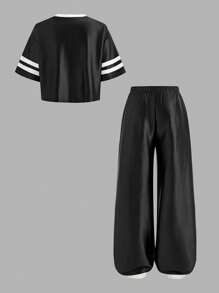 SHEIN Girlism Tween Girls Casual Street Style V-Neck Loose Dropped Shoulder Printed T-Shirt And Wide Leg Pants 2 Pieces Set - Black - View 2