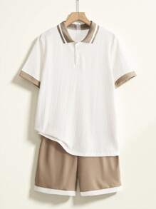 2 Pcs Set Of Casual Vintage Loose Fit Polo Shirt + Mid-Waist Relaxed Shorts For Teen Boys & Young Teen Boy, Suitable For Daily Wear - Multicolor - View 1