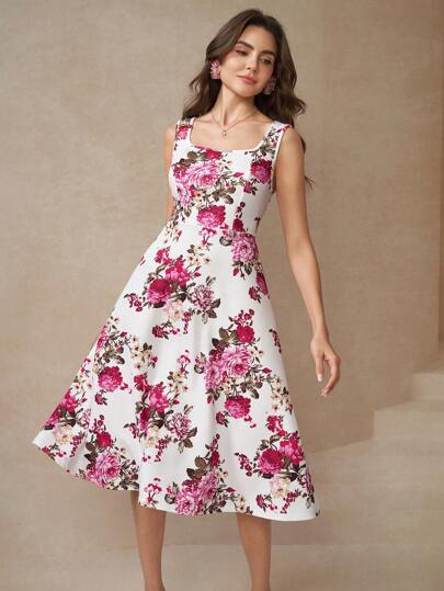 Amorya 女士花卉印花无袖方领 A 字连衣裙秋冬女装返校节朴素复古老钱女士教师服装机场漂亮女士服装