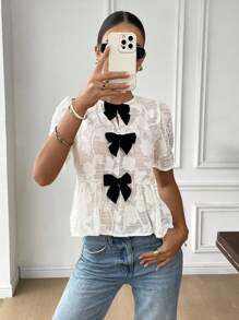 Serisse Camisa de manga corta con lazo y diseño de color contrastante para mujeres