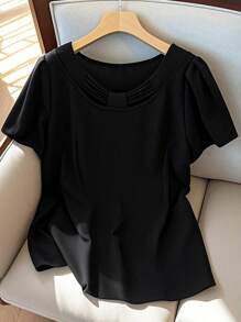 SHEIN LUNE Plus Size Women Elegant Round Neck Drawstring Collar Puff Sleeve Blouse - Black - View 1