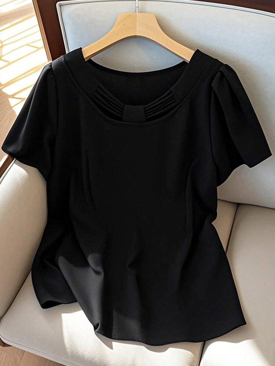 SHEIN LUNE Plus Size Women Elegant Round Neck Drawstring Collar Puff Sleeve Blouse - Black - View 1