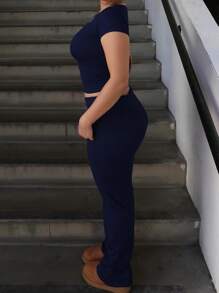 INAWLY 2 Stücke/Set Damen einfarbiger Rundhals Kurzarm T-Shirt und Hose Lässig Outfit