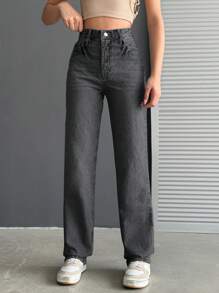 SHEIN Cottnline 100%Cotton High Waist Straight Leg Jeans - Light Grey - View 3