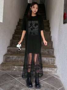 DAZY 纯色圆领网纱拼接透视短袖夏季连衣裙吊带裙，轻薄休闲女装 - 黑色 - 查看 1