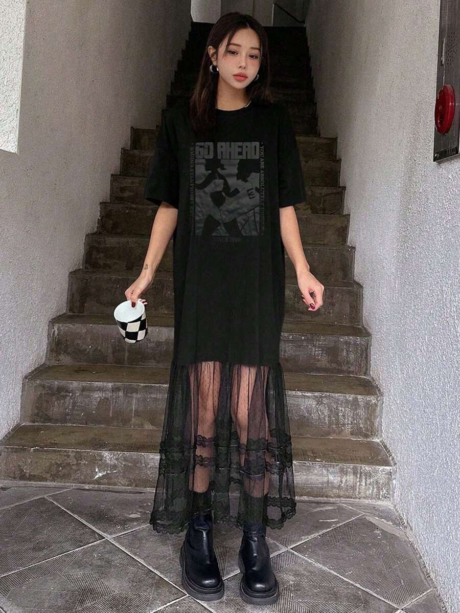 DAZY 纯色圆领网纱拼接透视短袖夏季连衣裙吊带裙，轻薄休闲女装 - 黑色 - 查看 1